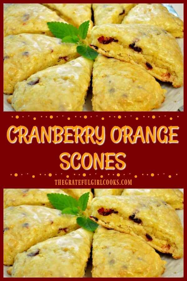 Cranberry Orange Scones, with a sweet citrus glaze, are a perfect breakfast treat or snack! They're delicious, and the easy recipe makes 8 scones!