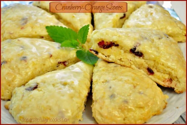 Cranberry Orange Scones, with a sweet citrus glaze, are a perfect breakfast treat or snack! They're delicious, and the easy recipe makes 8 scones!