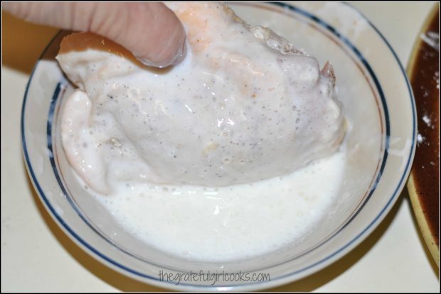 Floured chicken dipped in buttermilk
