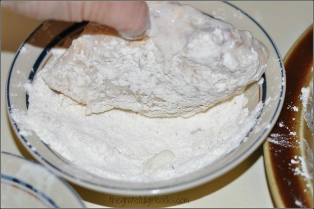 Chicken breasts are dredged in flour, buttermilk, and then flour again, before frying.