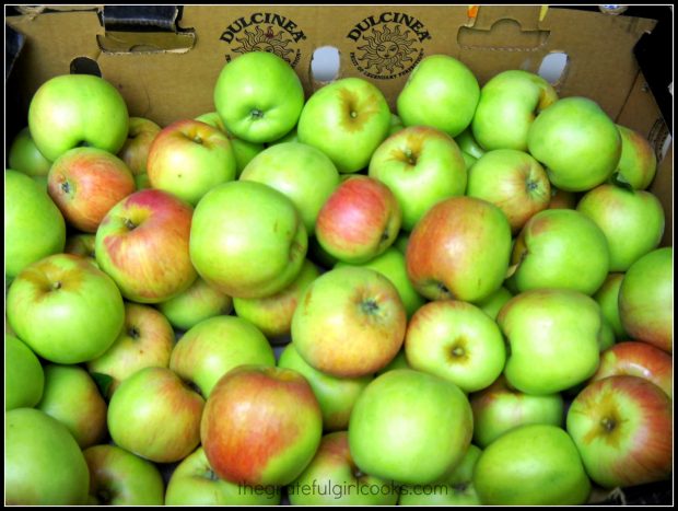 Big box of Gravenstein apples. Some were used to make apple pie stuffed won tons.