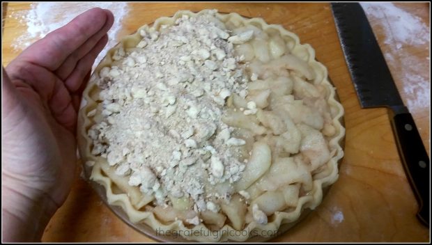 Dutch crumb topping is added to top of the apple pie.