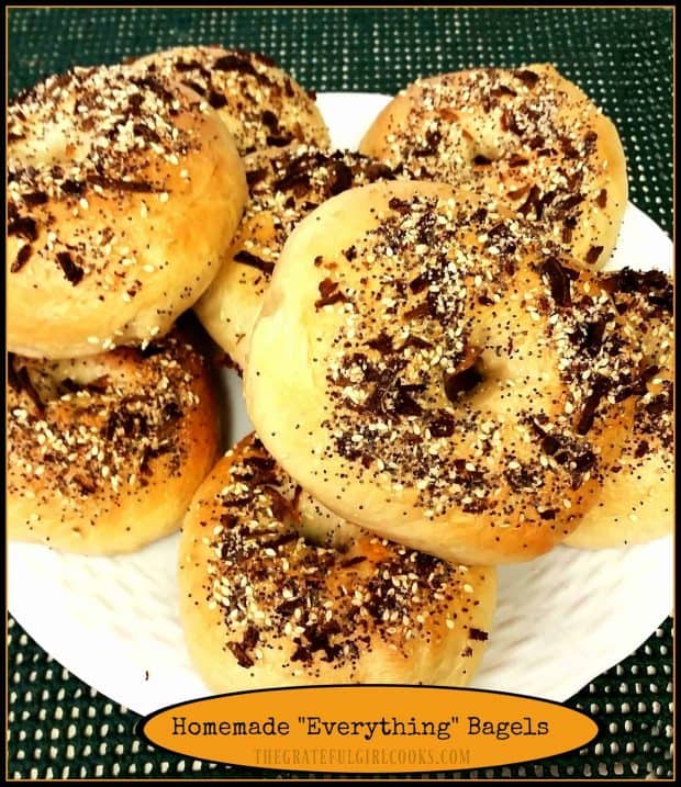 Enjoy some delicious homemade everything bagels (New York style) that are made from scratch, boiled, and then baked until chewy and golden brown!