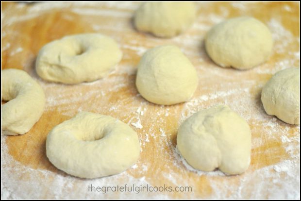 Homemade everything bagel dough is shaped into 8 portions.