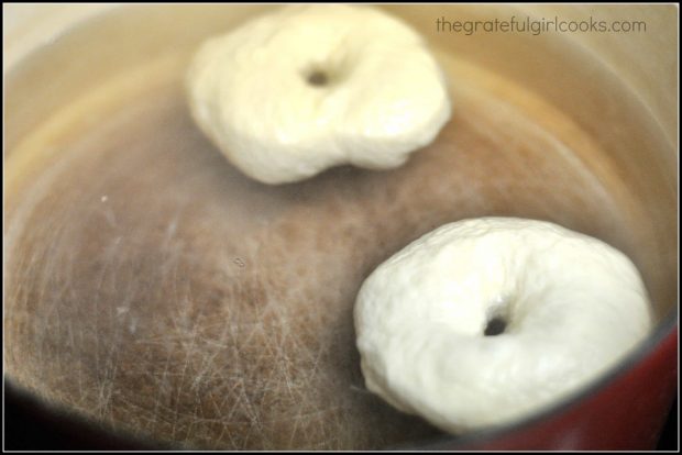 Bagels are boiled for a couple minutes before baking.
