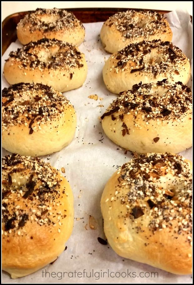 The finished, baked homemade everything bagels are ready to eat.