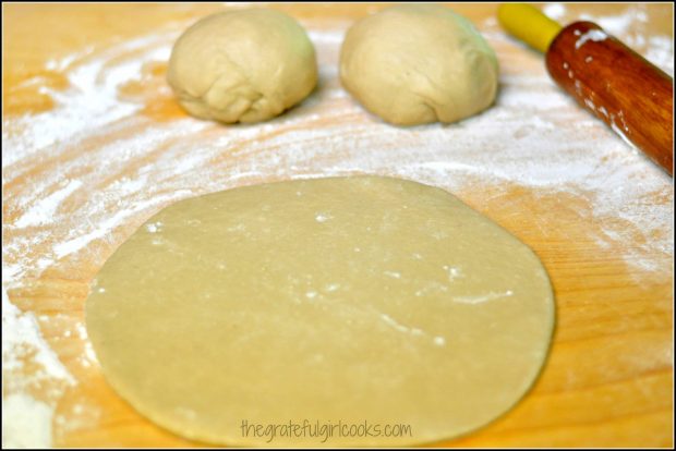 Dough for maple twists is divided into 3 pieces, and rolled into circle.