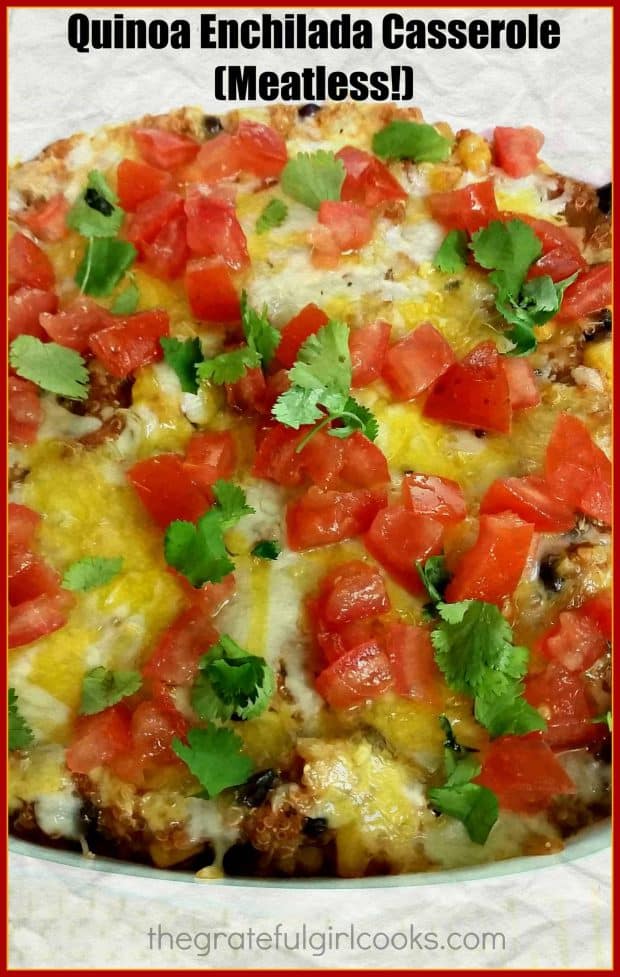 This meatless quinoa enchilada casserole, with black beans, corn, spices, enchilada sauce and cheese will be enjoyed by everyone, vegetarian or not!