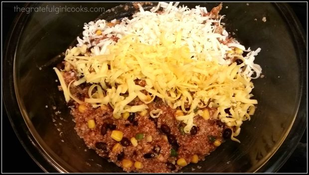 Grated cheddar and jack cheeses are added to casserole ingredients.