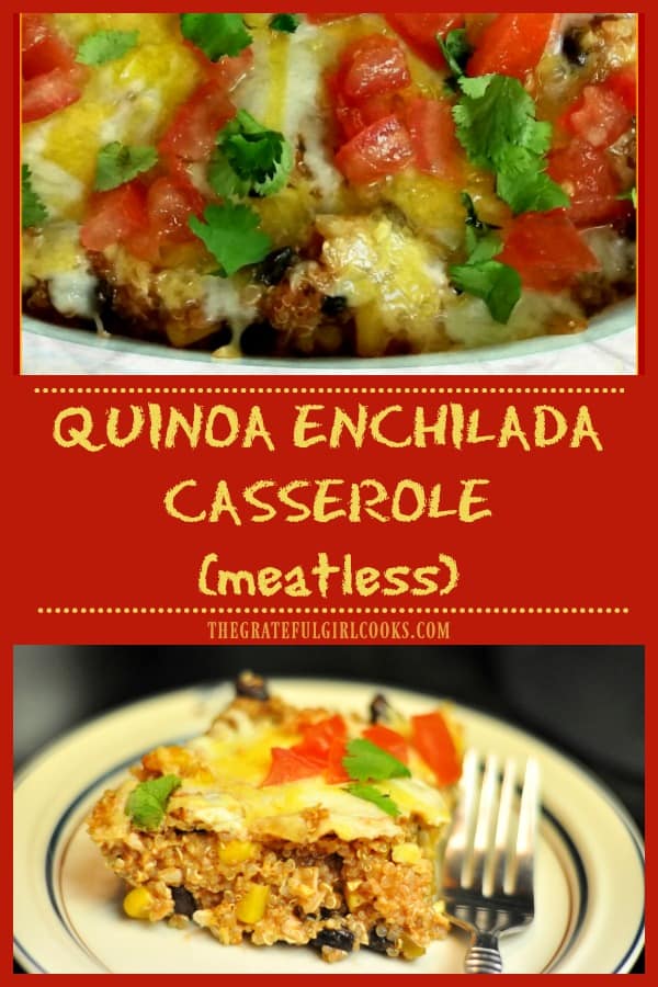 This meatless quinoa enchilada casserole, with quinoa, black beans, corn, spices, enchilada sauce and cheese will be enjoyed by everyone, vegetarian or not!