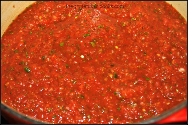 A large saucepan full of The Pioneer Woman's salsa, ready to eat, or can for storage.