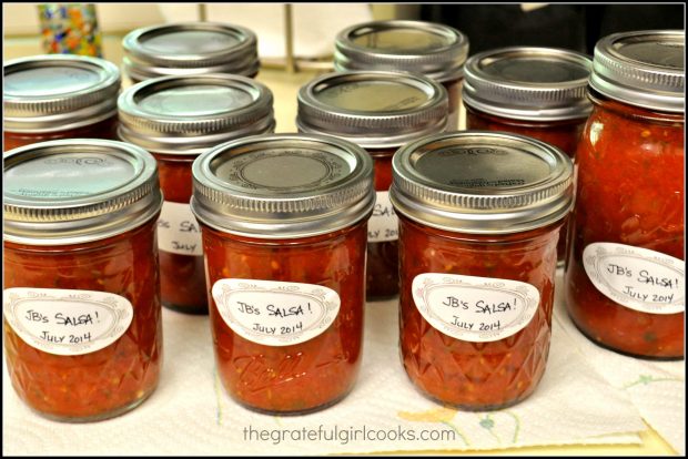 Processed jars of The Pioneer Woman's salsa ready for the pantry.