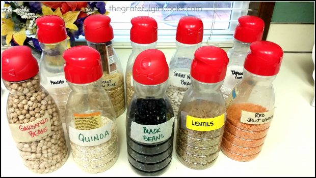 Use creamer bottles to store dried beans and grains.