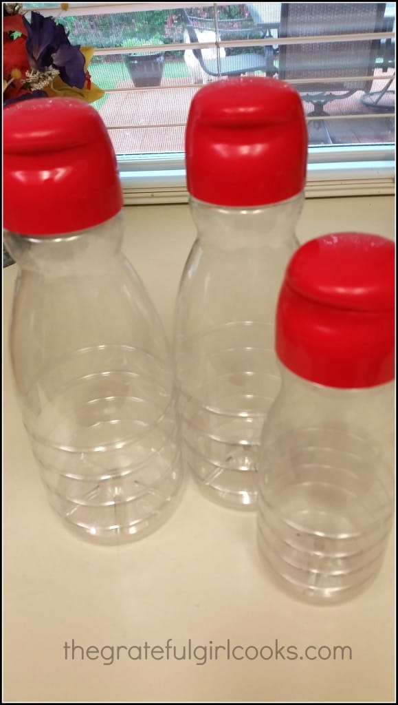 Remove label from old creamer bottles, and wash/dry bottles.