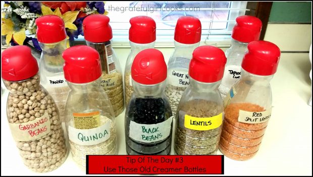 Drink coffee with creamer? Here's a great tip on how to use those old creamer bottles! Re-use them as storage for beans, rice, bread crumbs, etc.!