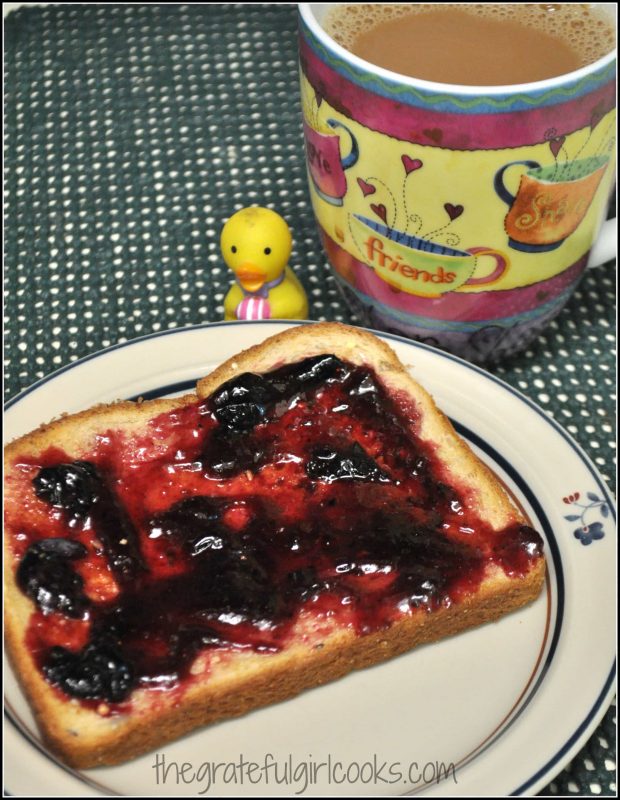 Homemade blueberry jam on a piece of toast- yum!