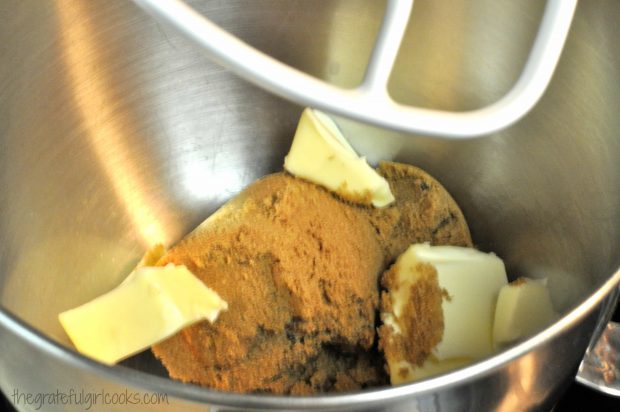 Butter and brown sugar are mixed together to make dough for butter pecan crisps.