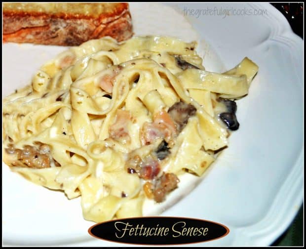 Fettucine Senese is a wonderful Italian pasta dish, featuring a cream sauce with proscuitto, Italian sausage, mushrooms, and Pecorino Romano cheese.