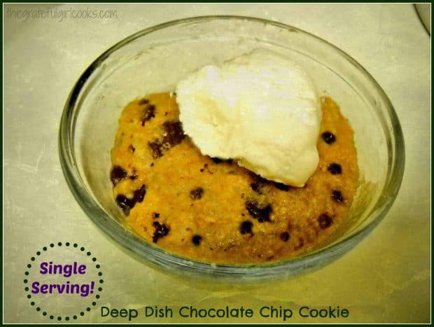 Got a craving for something sweet? Why not make this decadent single serving deep dish chocolate chip cookie in the microwave in about 5 minutes!