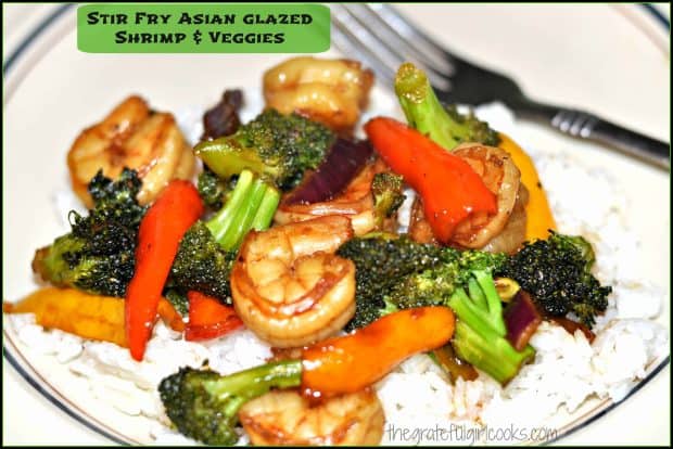 Asian Glazed Shrimp is coated in sauce, and stir-fried with veggies (broccoli/peppers/onion). This flavorful dish is ready to eat in 30 minutes.