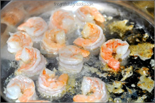Shrimp is quickly cooked in olive oil.