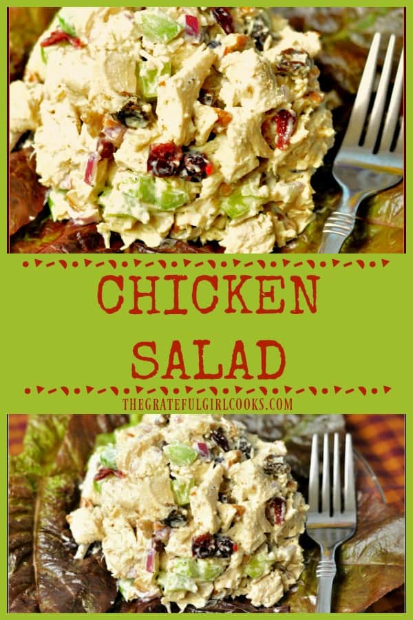 This easy to prepare, delicious chicken salad, with cranberries, celery and pecans can be eaten as is, or served in pita bread or rolls for a great sandwich.