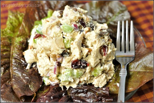 Chicken salad, served on top of red leaf lettuce.