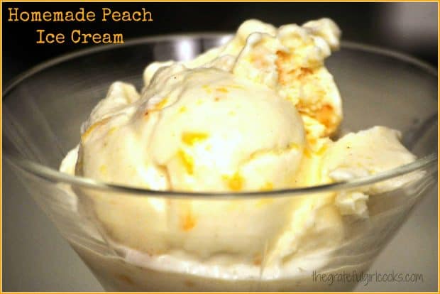 Fresh peaches and peach nectar bring flavor to delicious homemade peach ice cream (a Food Network recipe), easily made in an ice cream machine!