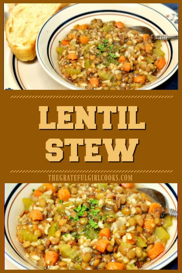 Hearty, healthy and delicious, you will love this low calorie, thick homemade lentil stew for an easy and inexpensive lunch or dinner!