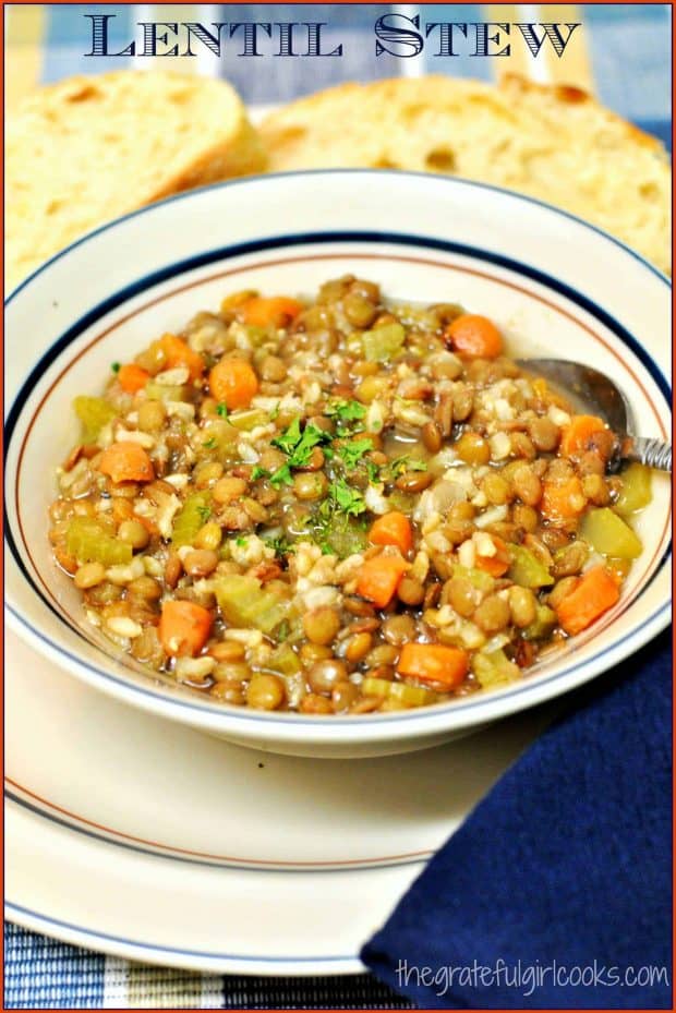 Hearty, healthy and delicious, you will love this low calorie, thick homemade lentil stew for an easy and inexpensive lunch or dinner!