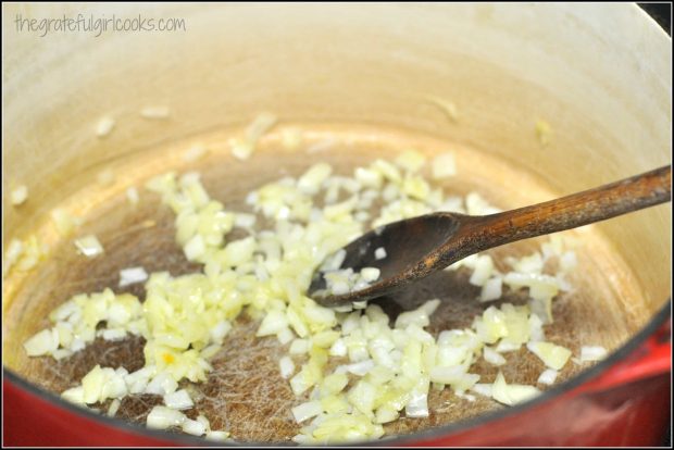 Cooking onions in red pot for lentil stew