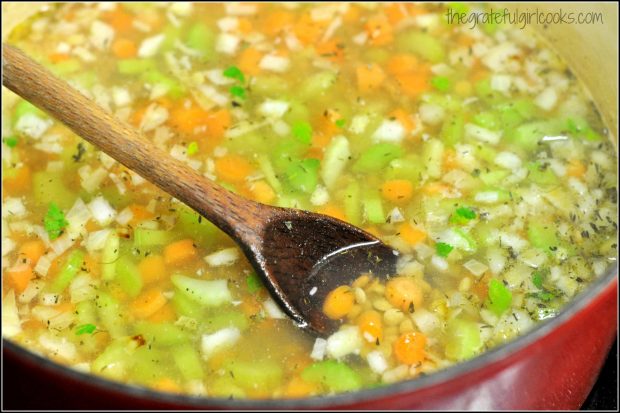 Chopped celery, carrots, and spices added to soup pot