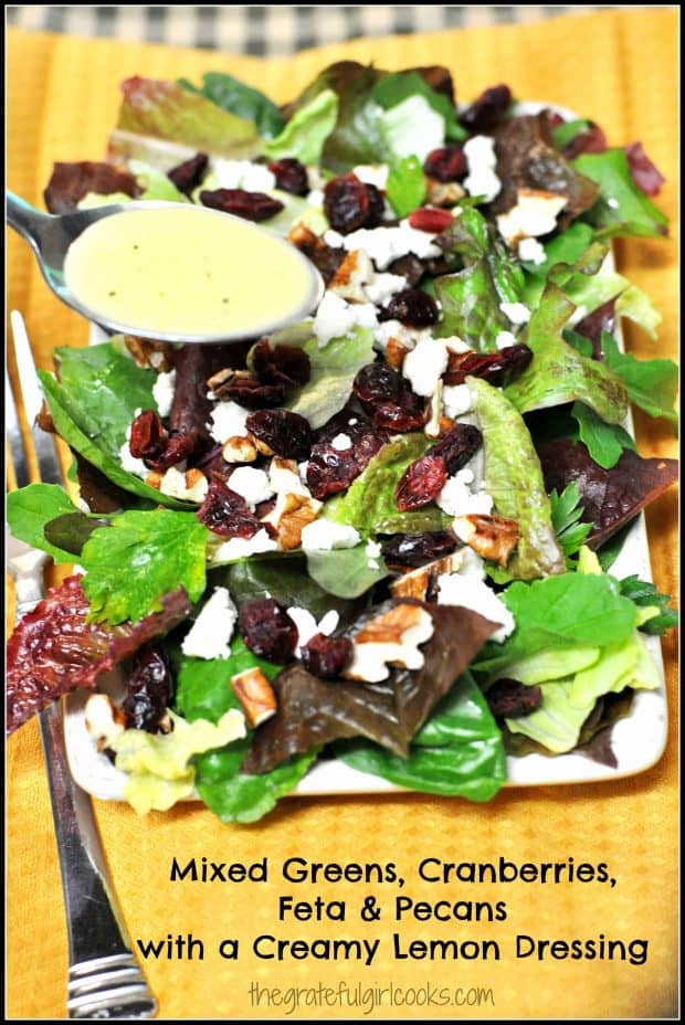 Mixed Greens, Cranberries, Feta & Pecans with a Creamy Lemon Dressing / The Grateful Girl Cooks!