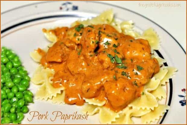 Pork Paprikash is a classic Hungarian pork dish in a flavorful sauce, served over bow-tie pasta or egg noodles, and on the dinner table in under half an hour!
