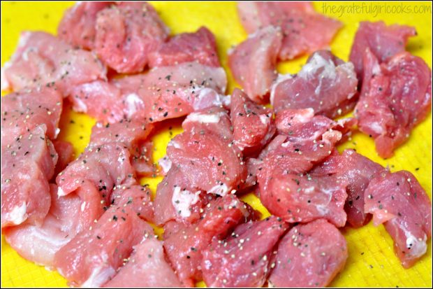 Boneless pork seasoned with salt and pepper is used to make pork paprikash.