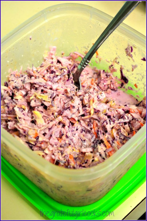 The longer the purple coleslaw is refrigerated, the deeper the color becomes.