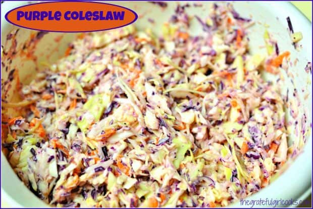 Purple coleslaw, with homemade poppyseed dressing, is a quick, easy salad that's perfect for BBQ's! Slaw turns deep purple the longer it refrigerates.