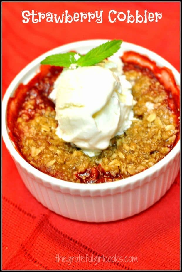 Delicious strawberry cobbler (in individual servings), featuring fresh strawberries and a buttery crumb topping, will be a family dessert favorite!