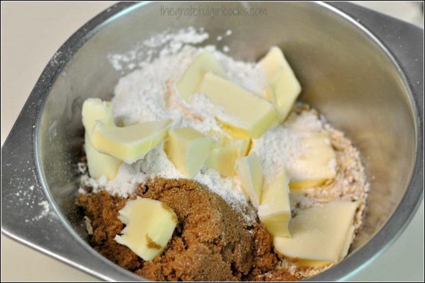 Mixing brown sugar, butter, and flour for cobbler topping