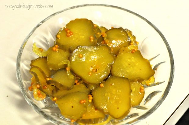 Homemade bread and butter pickles, in serving bowl