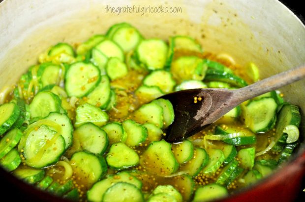 Cooking cucumbers, onions and spices for bread and butter pickles
