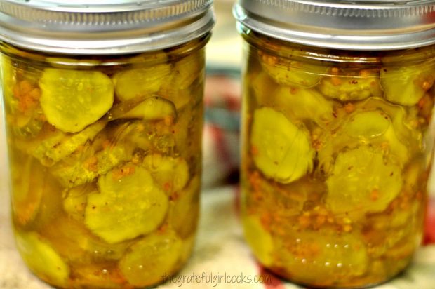 Two jars of canned bread and butter pickles
