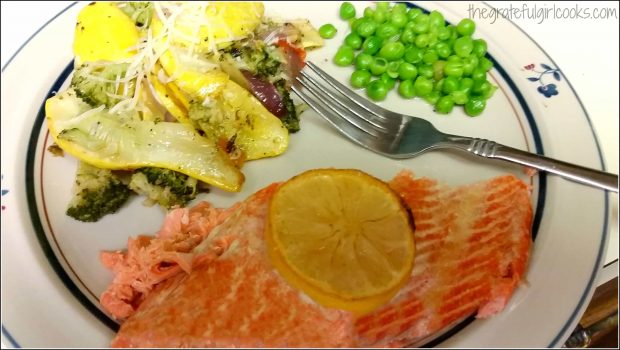 Grilled salmon served with mixed vegetables