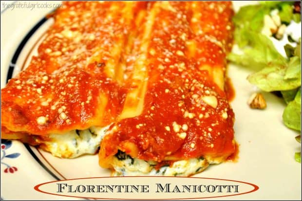Florentine manicotti, filled with ricotta, Parmesan and mozzarella cheeses, and covered with marinara sauce is a meatless, easy to make Italian dish.