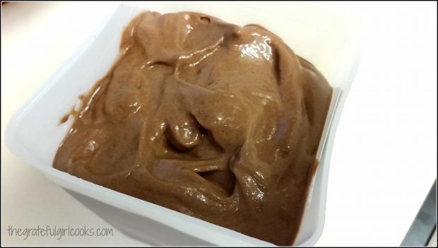 Let healthy chocolate banana ice cream firm up in the freezer, after processing.