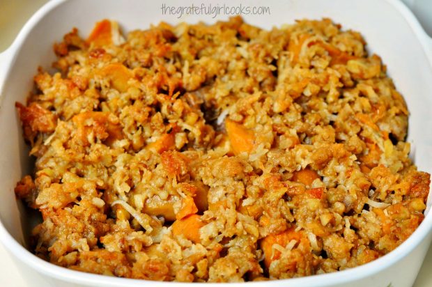 Pecan Praline Yams in a white baking dish.