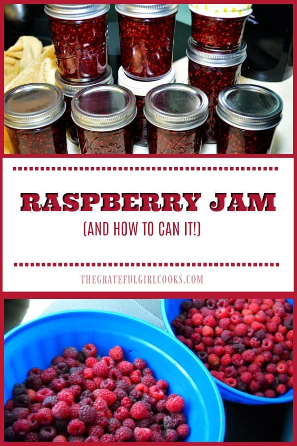 Making homemade raspberry jam and canning jars of it for long term storage is a great way to enjoy the taste of fresh summer raspberries all year round!
