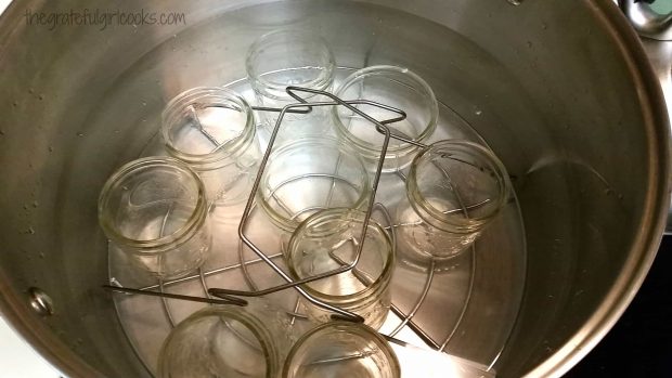 Jars in simmering water, being prepared for canning sliced peaches