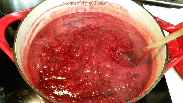 Raspberries, pectin and sugar are brought to a full rolling boil.
