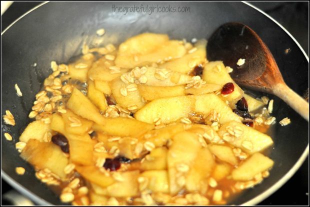 Apple slices, oats and cranberries cooking in skillet